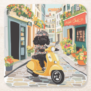 Black Doodle Riding Scooter European City Streets Square Paper Coaster