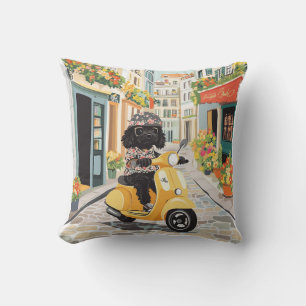 Black Doodle Riding Scooter European City Streets Throw Pillow