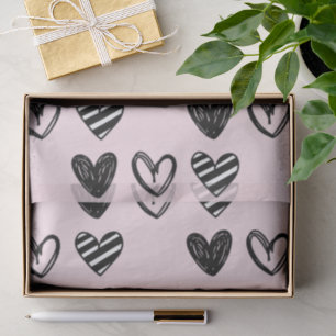 Black Doodle-Style Soft Blush Pink Sketch Hearts Tissue Paper