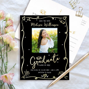 Black Doodles Graduation Save Date Photo Real Gold Foil Invitation Postcard