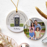 Black Door First Christmas in Our New Home Ceramic Ornament<br><div class="desc">Celebrate your first Christmas in your new home with this beautiful custom holiday ornament featuring a hand drawn front door illustration in black, adorned with a holiday wreath. Personalize the door with your house number, then add the year and your family name. Complete the design with a photo of your...</div>
