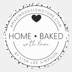 Black dots Home baked With Love Heart Classic Round Sticker