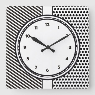 Black Dots & Stripes Grid + your backgr. & text Square Wall Clock