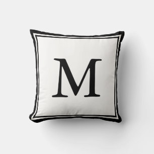 Black Double Border and Letter and White Throw Pillow