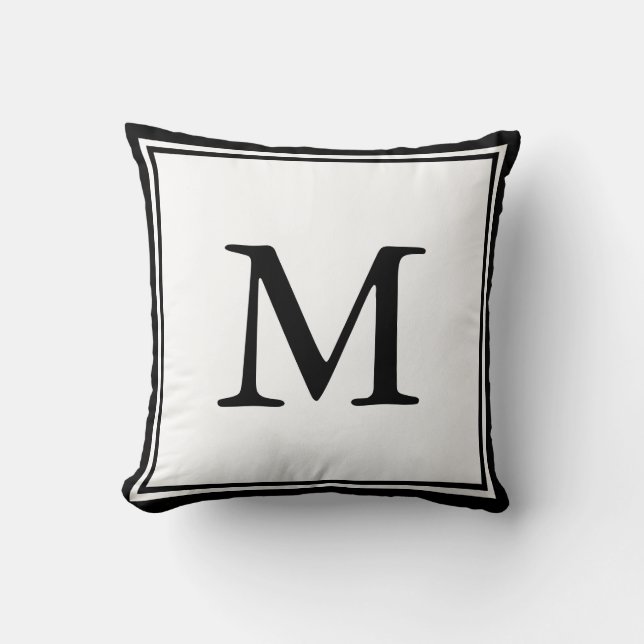 Black Double Border and Letter and White Throw Pillow (Front)