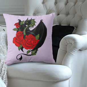 Black Dragon and Roses Throw Pillow