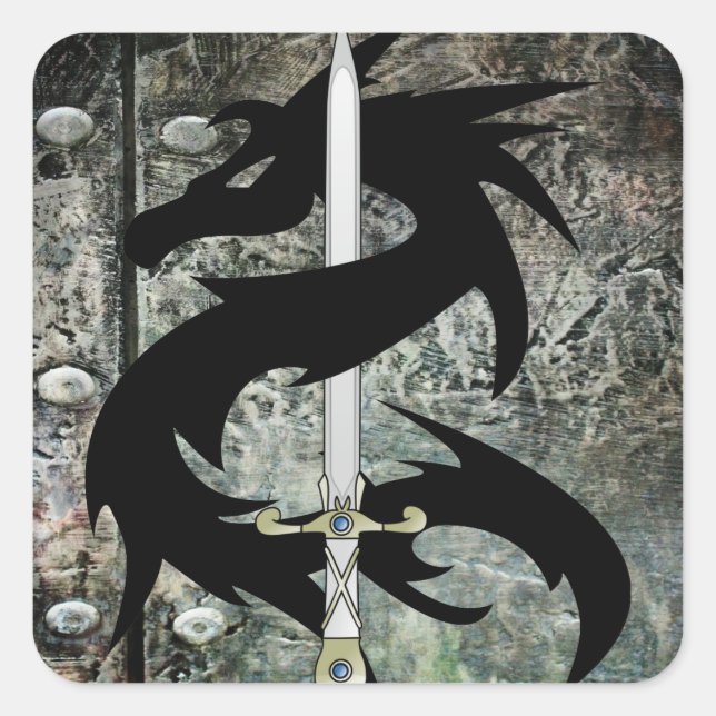 Black Dragon and Sword Square Sticker (Front)