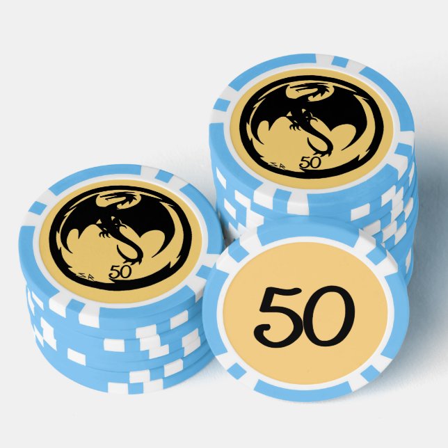 Black Dragon gold lt blue 50 striped poker chip (Stack)