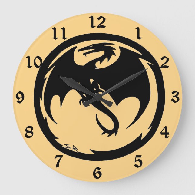 Black Dragon gold wall clock w numbers (Front)
