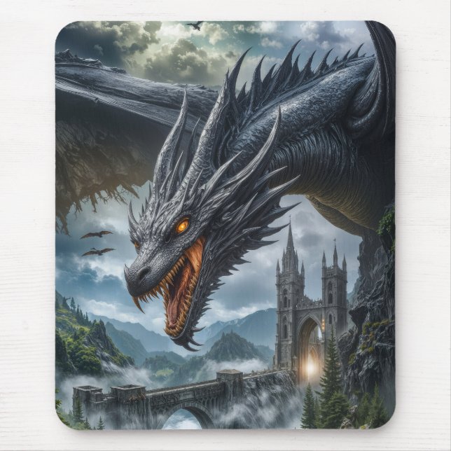 Black Dragon Guarding a Gothic Mountain Castle Mouse Pad (Front)