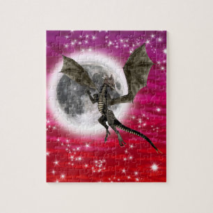 Black Dragon - Mythical Fantasy Creature Red Sky Jigsaw Puzzle