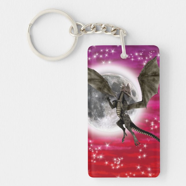 Black Dragon - Mythical Fantasy Creature Red Sky Keychain (Front)