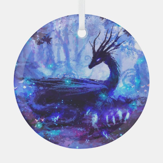 Black dragon, night forest scene. glass ornament (Front)