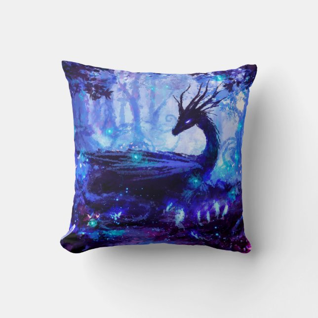 Black dragon, night forest scene. throw pillow (Front)