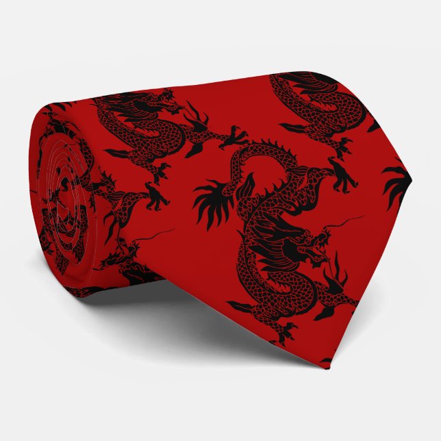 Black Dragon Papercut Chinese New Year Zodiac Red Tie (Rolled)