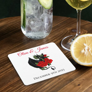 Black Dragon Red Rose Fantasy Gothic Wedding Square Paper Coaster
