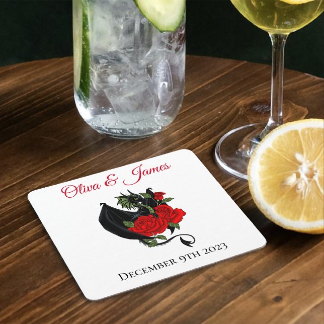 Black Dragon Red Rose Fantasy Gothic Wedding Square Paper Coaster (Creator Uploaded)