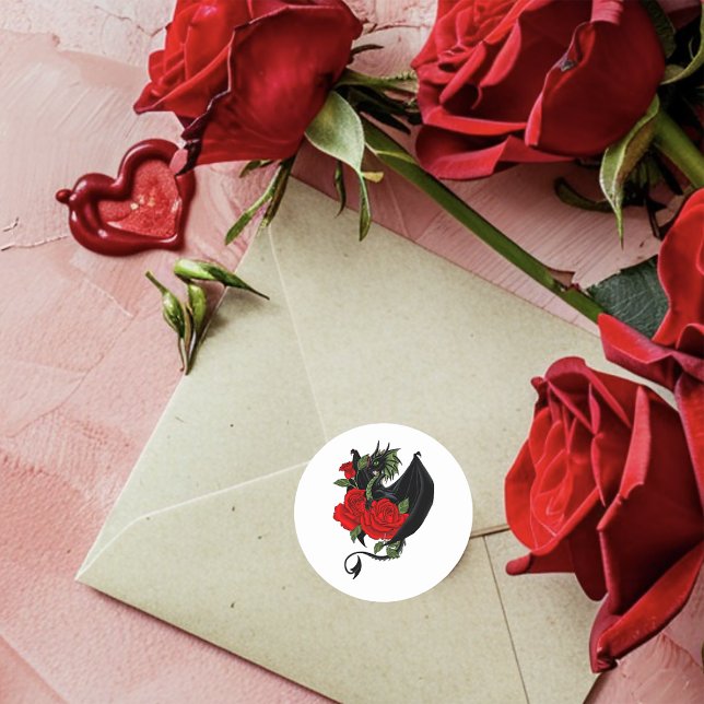 Black Dragon Red Roses Fantasy Classic Round Sticker (Creator Uploaded)