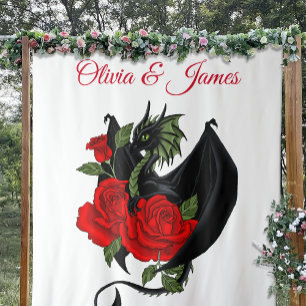 Black Dragon Red Roses Fantasy Tapestry