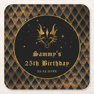 Black Dragon Scales Gold Faux Glitter Birthday Square Paper Coaster