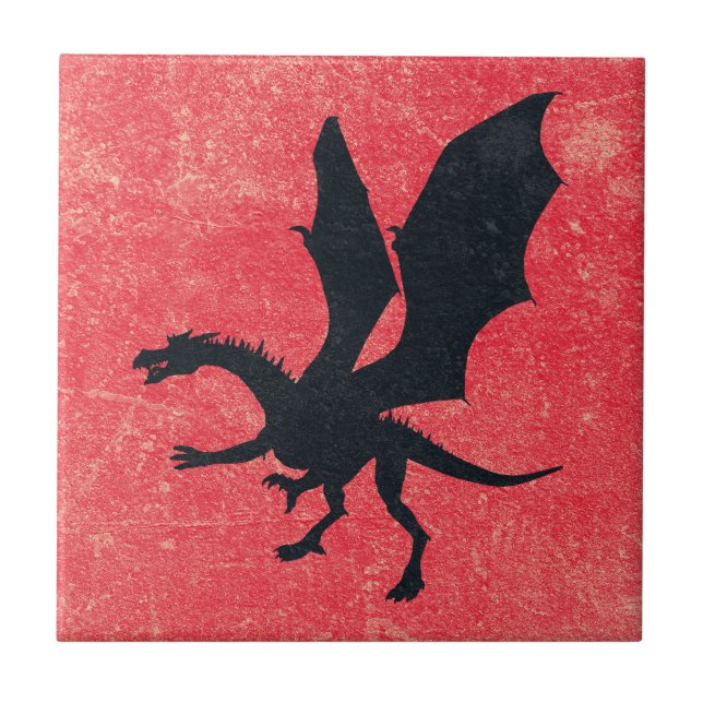Black Dragon Silhouette Red Textured Ceramic Tile (Front)