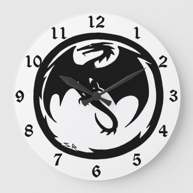 Black Dragon white wall clock w numbers (Front)