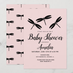 Black Dragonflies  Pink Baby Shower   Invitation