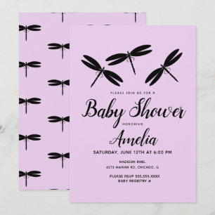 Black Dragonflies  Purple Baby Shower   Invitation