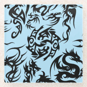 Black dragons pattern outline.b L Blue BG Glass Coaster