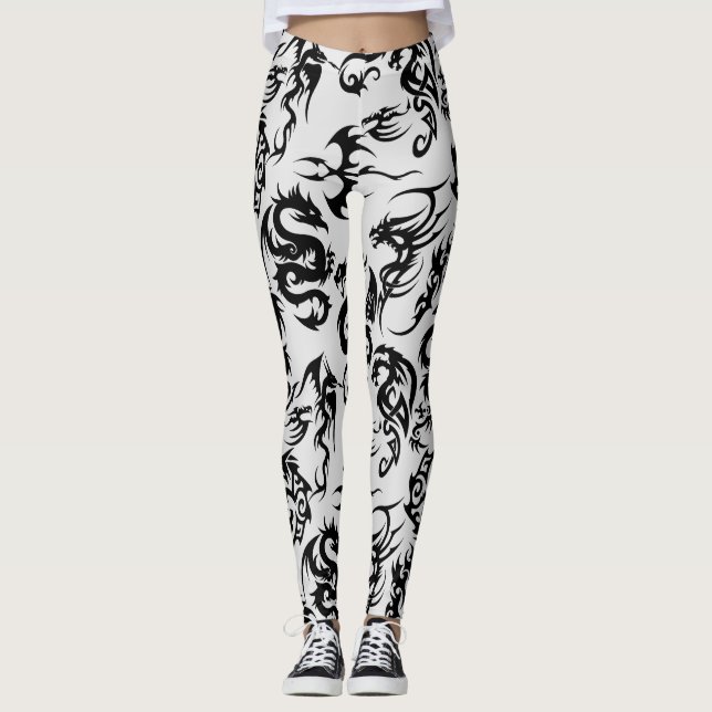 Black dragons pattern outline.b L Grey BG Leggings (Front)