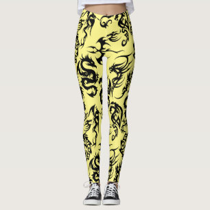 Black dragons pattern outline.b L Yellow BG Leggings