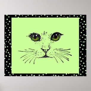 Black Drawing Cat Face Intense Eyes Polka Dots Poster