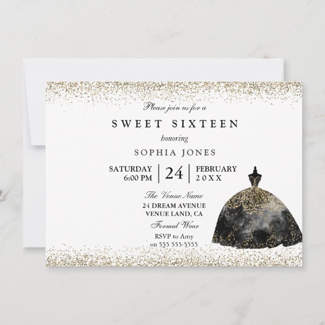 Black Dress Gold Glitter Sweet 16 invitation (Back)