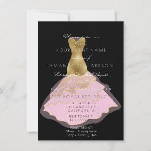 Black Dress Gold Sparkly Pink 16th Bridal Birthday Invitation