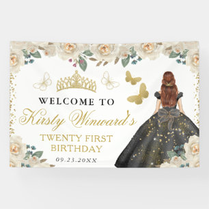 Black Dress Red Hair Princess Floral Birthday Banner
