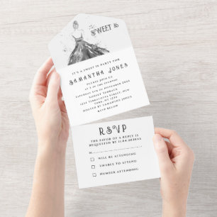 Black Dress Sweet 16 Floral Sixteen Girly Elegant All In One Invitation