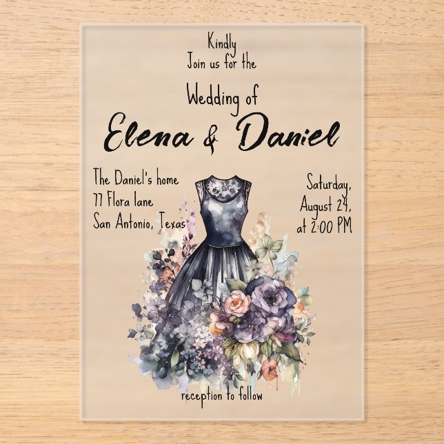 Black dress watercolor wedding Acrylic Invitation (Front)