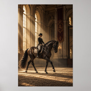 Black Dressage Horse and Rider in Grand Riding Hal Poster
