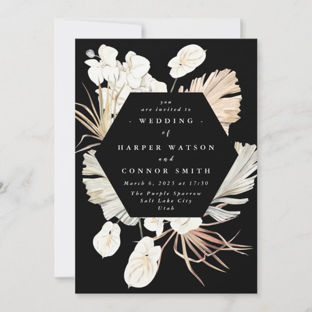 Black Dried Grass Floral Tropical Jungle Wedding Invitation (Front)