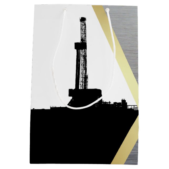 Black Drilling Rig Silhouette with Metal Look Medium Gift Bag (Back)
