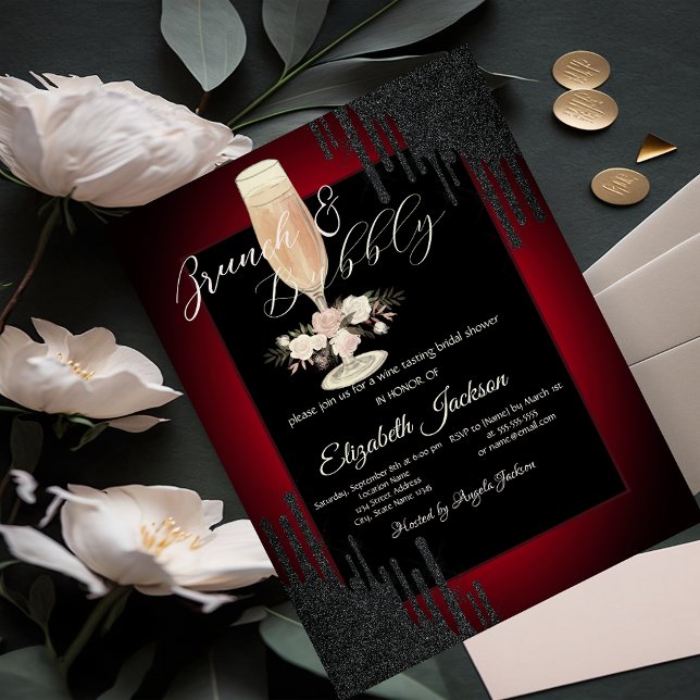 Black Drips,Glass,Roses,Red Brunch & Bubbly Invitation (Creator Uploaded)