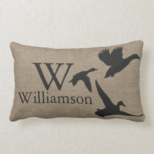 Black Duck Silhouettes Faux Burlap Family Name Lumbar Pillow