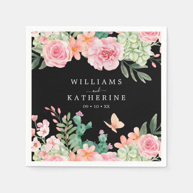 Black  Dusty Blush Pink & Peach Floral Wedding Napkin (Front)