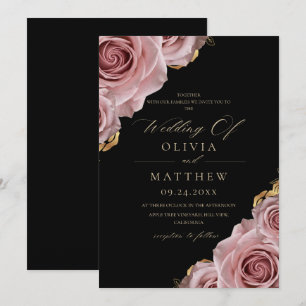 Black & Dusty Roses Elegant Modern Wedding Invitation