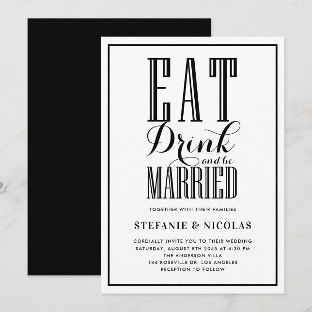 Black Eat, Drink and Be Married Wedding Invitation (Front/Back)