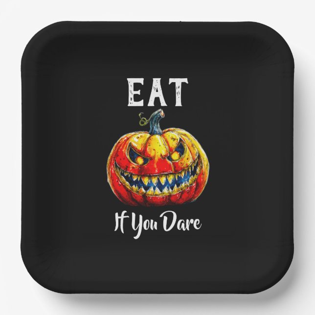 Black Eat if you dare Halloween Smiling Pumpkin Paper Plate (Front)
