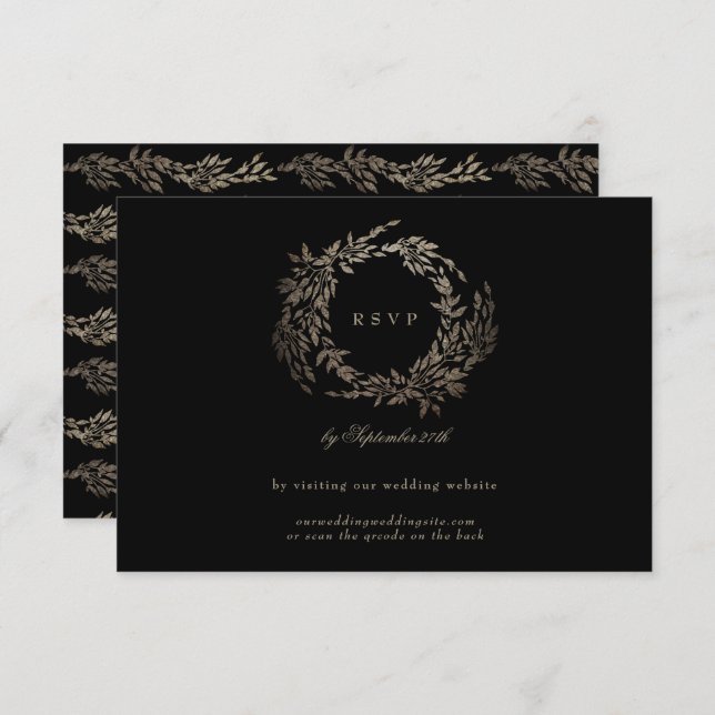 Black Ebony Botanical Wreath QR CODE WEBSITE RSVP Card (Front/Back)