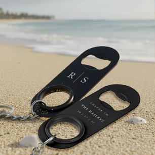 Black & Ecru Monogram Wedding Favour Keychain Bottle Opener