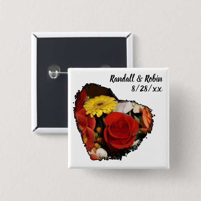 Black Edged Heart Shape Bouquet Photograph 2 Inch Square Button (Front & Back)