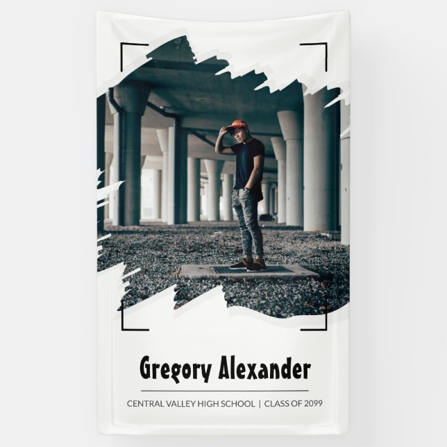 Black Edgy Abstract Brushstroke Photo Graduation Banner (Vertical)